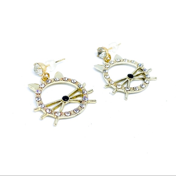 NWT Gold Kitty Cat Face Rhinestone Earring - Picture 2 of 4